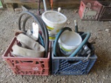 Plastic totes of hydraulic hose, small plastic hose, farrier chaps, shop light, transfer hose and mo