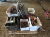 Battery charger, paint brushes, iron crank handles, plastic totes, roof vent, wood wedges and more