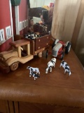 Wood toy barn, truck, animals and metal Ford toy tractor