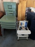 Plastic and metal youth stackable chairs, travel high chair cover, mirror, Graco playpen, wood piece