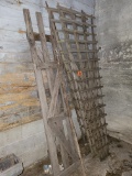Wood trellises, gate sections, wood crate, tin section, board