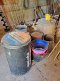 Old wood barrels, rusted milk cans, Atlas wiper blades refill bin, livestock buckets