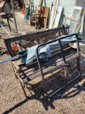 Cast iron and wood bench, patio table canopy and stand