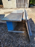 Stainless steel table top, metal legs, old metal and pressed board desk