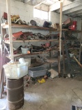 Large lot located on north wall shelving of building, Lot includes vintage metal fan, automobile par