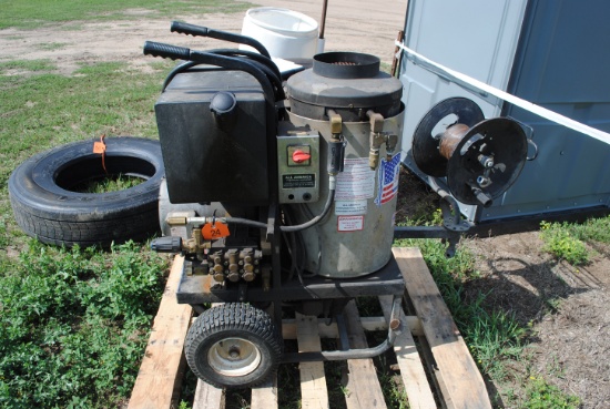 All America Pressure washer, electric, hot water, 220v, w/reel, no hose or wand, owners states "it w