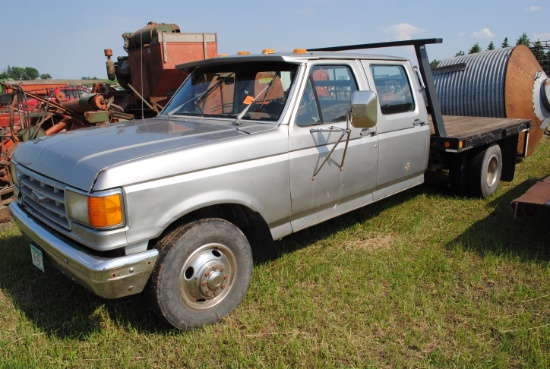 1991 Ford F350 dually, 6.9 diesel engine, 2WD, 4-door, 8' wide by 102" flatbed, automatic, cloth int