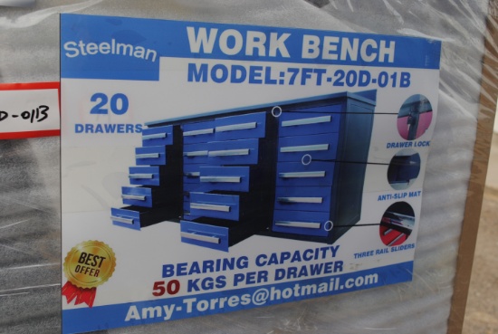 2023 Steelman 7' Work bench with 20 drawers, 87"x23"x39", drawers with lock and anti-slip inners, 3-