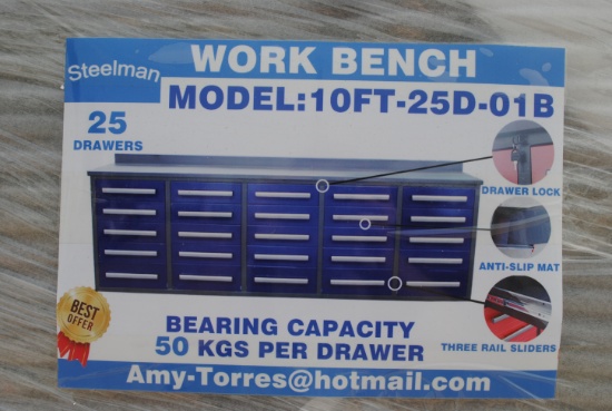 2023 Steelman 10' Work bench with 25 drawers, 112"x26"x39", drawers with lock and anti-slip inners,