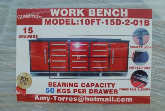 2023 Steelman 10' Work bench with 15 drawers & 2 cabinets, 112"x26"x39", drawers with lock and anti-