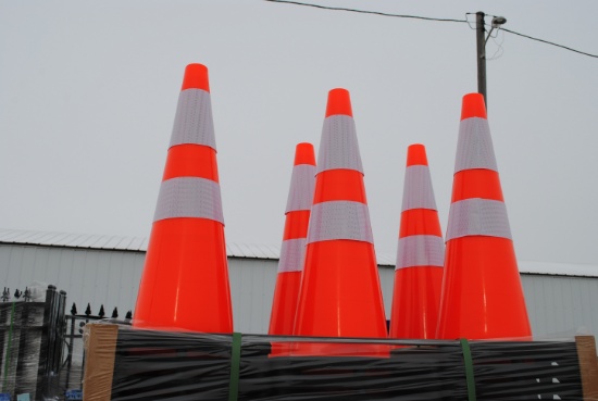50 Safety Highway Cones, each one is 28" tall, orange-red with black base, new, sells as lot of 50 (