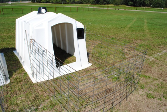 Calf hutch with bottle & pail holder