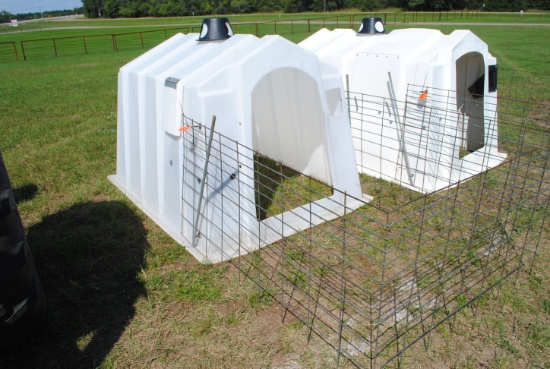 Calf hutch with bottle & pail holder