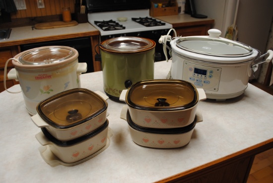 Crockpots, Corningware Baking Dishes, Set of Holiday glasses (all)
