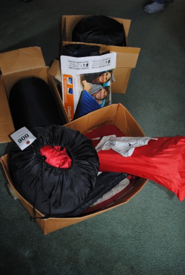 Camping gear including 3 sleeping bags, air mattress, tent (4 boxes)