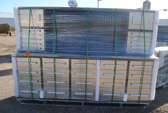 Unused 2025 H9.5 FT Work Bench with 30-drawers, 2 cabinets, 70.55"x108.07"x22.87", drawers with lock
