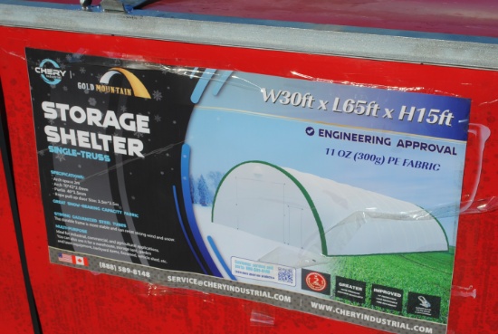 Unused 2025 Golden Mount PE Dome Storage Shelter, comes with 30'x65'x15', dome roof frame, snow rati
