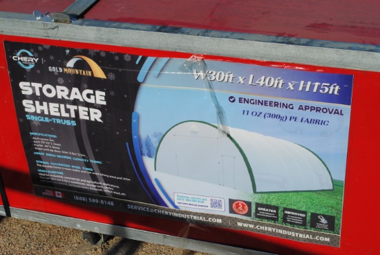 Unused 2025 Golden Mount PE Dome Storage Shelter, comes with 30'x40'x15', dome roof frame, snow rati