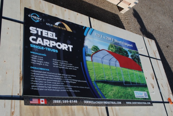 Unused Steel Carport, 12'x20', new light duty model, single-truss, galvanized steel structure, roof