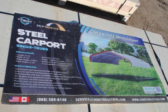 Unused Steel Carport, 20'x20', new light duty model, single-truss, galvanized steel structure, roof