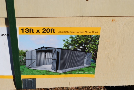 Unused 2025 Portable Metal Shed, 13'x20', steel frames, galvanized steel coating panel