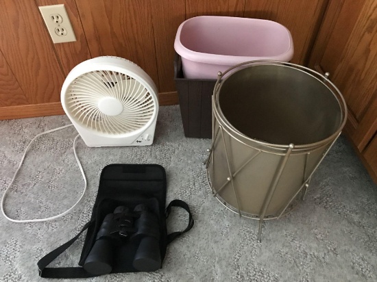 Waste baskets, Fan, and Binoculars