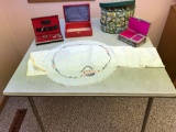 Card table, doilies, music box and more