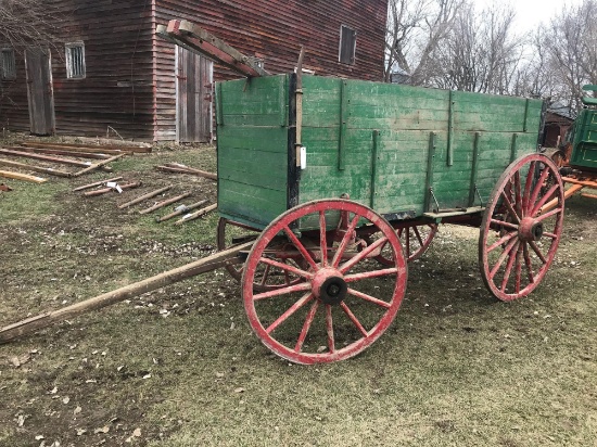 John Deere horse drawn 3' x 8' wood wagon on wood spoke wheels with McCormick end gate seater,