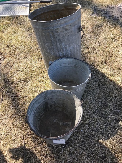 2 galvanized 3-gallon pails and galvanized garbage can - no lid. No shipping.