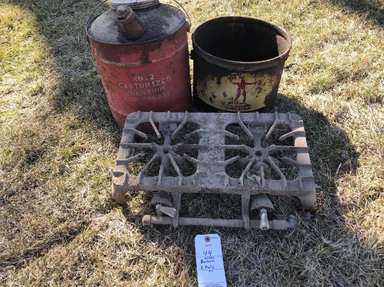 Antique 2-burner cast-iron stove, an advertising archer, an oil can(approx. 3-gallon), and a gas