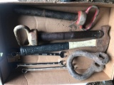 2 large hitch pins, hammer, clevis, and 3 DeWalt tools (2 - 1/2