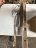 Old wood 4' level - One end broken, a rug beater, and a grain thermometer with Farmer's COOP