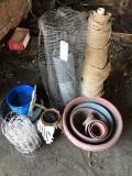 Plastic flower pots, chicken wire, and a roll of 3' burlap.