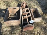 Carpenters tool box, a wooden advertising box, and a 12 place milk crate with wire divides. Very
