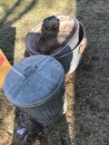 2 galvanized bushel baskets-one has no bottom. Plus a galvanized, lidded garbage can. No shipping.