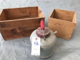 Dupont wooden box, another smaller wooden box, and a 1 gallon water jug