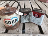 (2) 2gal hyde motor oil cans and (1) 5gal coop oil can