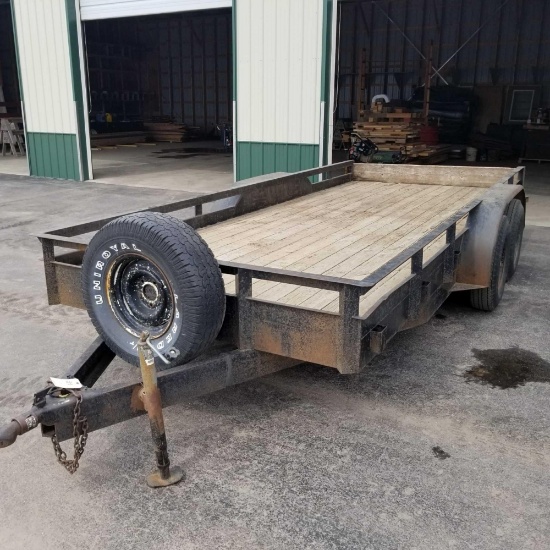 Tandem axle low load 7' x 16' trailer (2) 5/16 ball hitch, rear ramps, side rail, spare tire, wood