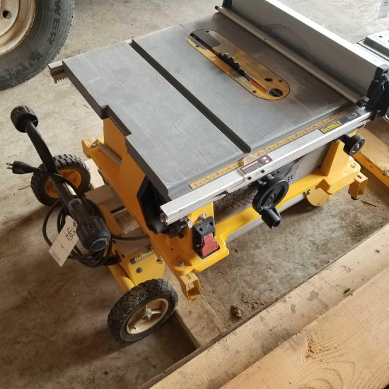 DeWalt jobsite portable table saw, wheels, folding legs with wheels, adjustable rip fench/push