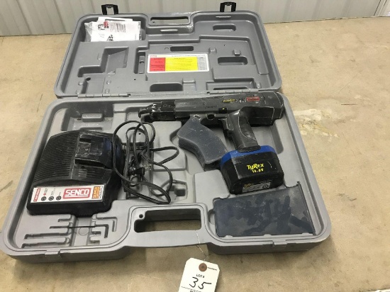 TyRex cordless 14.4 volt DuraSpin screwgun with battery, charger, and hard case. Works well