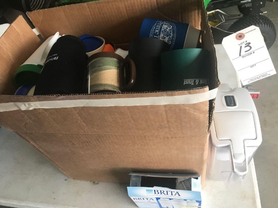 Several insulated koozies and cups, water filter pitcher, NO SHIPPING