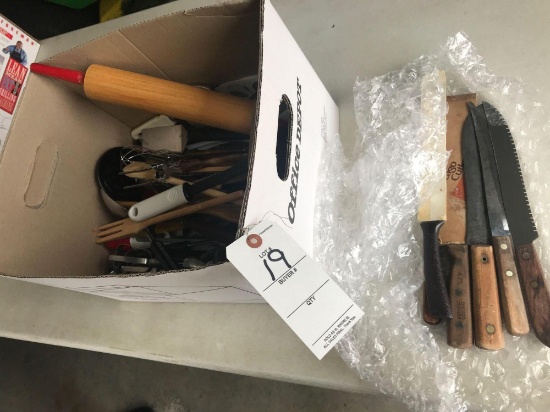 Various kitchen utensils, beaters, wooden utensils, roll pin and various knives