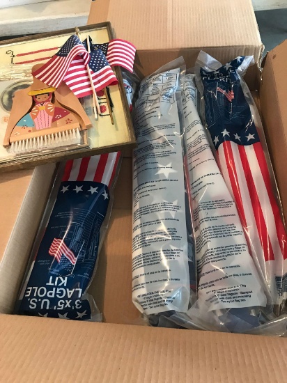 (4) NEW US flags with mounting hardware; mini US flags and various misc. items