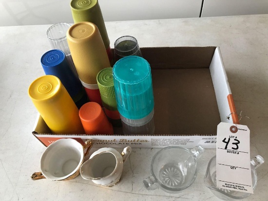 (2) sets of cream and sugars, and various plastic glasses, some Tupperware