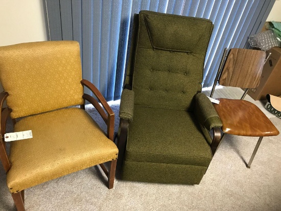 Green cloth recliner, solid sitting chair; a vinyl seat, wood back, solid chair - NO SHIPPING