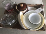 Water pitcher, Bean pot, hand beaters, glass mixing bowls, and large Pyrex mixing bowl - NO SHIPPING