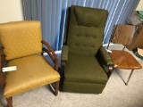 Green cloth recliner, solid sitting chair; a vinyl seat, wood back, solid chair - NO SHIPPING