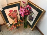 (2) 21'' x 25'' framed flower pictures and (2) artificial flowers w/ vase - NO SHIPPING