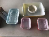 (3) glass lidded refrigerator dishes, 1 larger and 2 smaller, plus other dishes