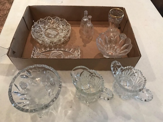 (2) Glass bells, Lead crystal (3) footed bowl, Creamer, sugar, Other pressed glassware (Shipping